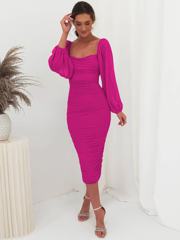 Bodycon Dresses- Elegant Solid Ruched Bodycon Lantern Sleeve Midi Dress- - Pekosa Women Clothing