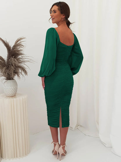 Bodycon Dresses- Elegant Solid Ruched Bodycon Lantern Sleeve Midi Dress- - Pekosa Women Clothing