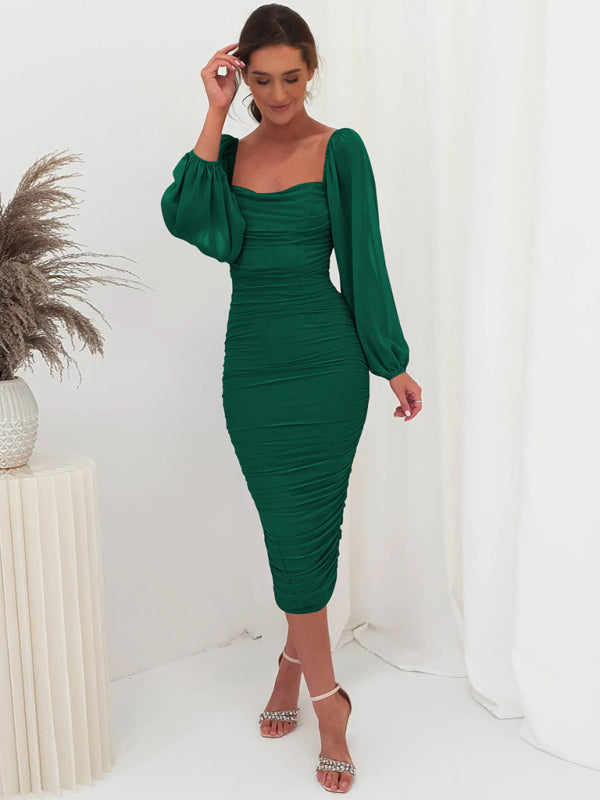 Bodycon Dresses- Elegant Solid Ruched Bodycon Lantern Sleeve Midi Dress- - Pekosa Women Clothing