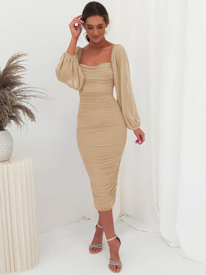 Bodycon Dresses- Elegant Solid Ruched Bodycon Lantern Sleeve Midi Dress- - Pekosa Women Clothing