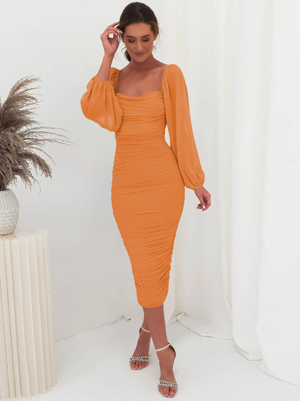 Bodycon Dresses- Elegant Solid Ruched Bodycon Lantern Sleeve Midi Dress- - Pekosa Women Clothing