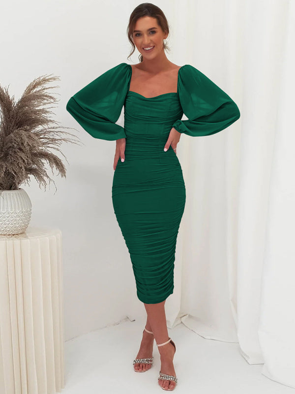 Bodycon Dresses- Elegant Solid Ruched Bodycon Lantern Sleeve Midi Dress- Green- Pekosa Women Clothing