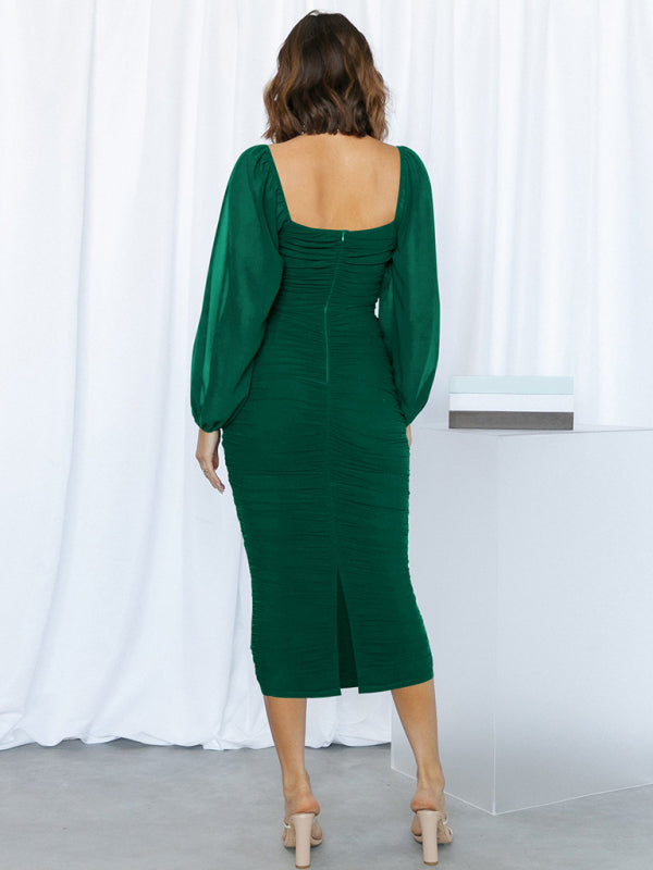 Bodycon Dresses- Elegant Solid Ruched Bodycon Lantern Sleeve Midi Dress- - Pekosa Women Clothing