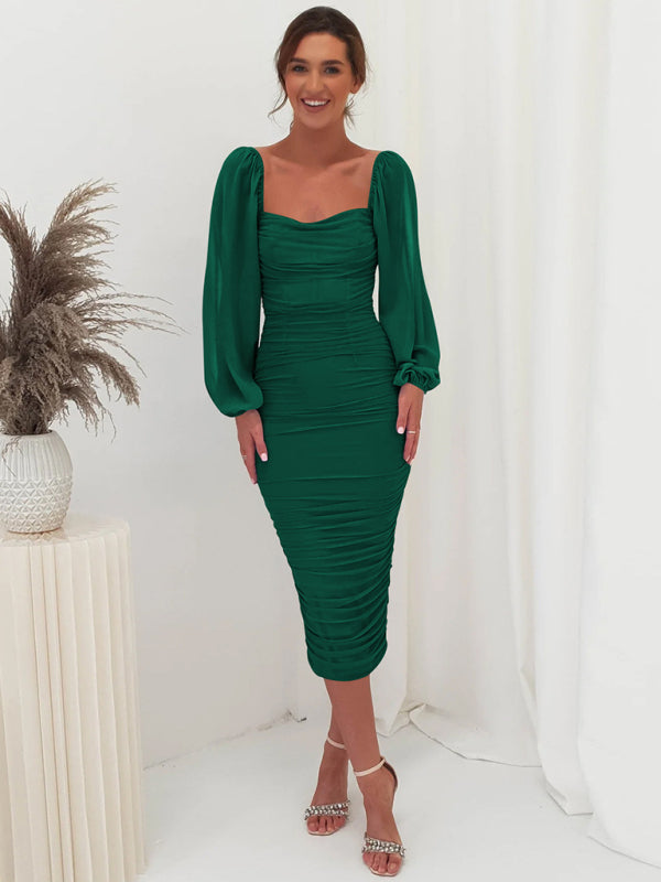 Bodycon Dresses- Elegant Solid Ruched Bodycon Lantern Sleeve Midi Dress- - Pekosa Women Clothing