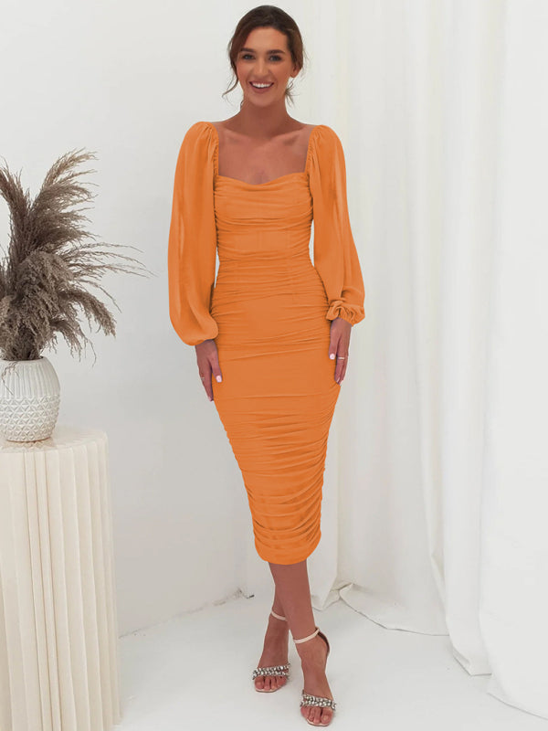 Bodycon Dresses- Elegant Solid Ruched Bodycon Lantern Sleeve Midi Dress- - Pekosa Women Clothing