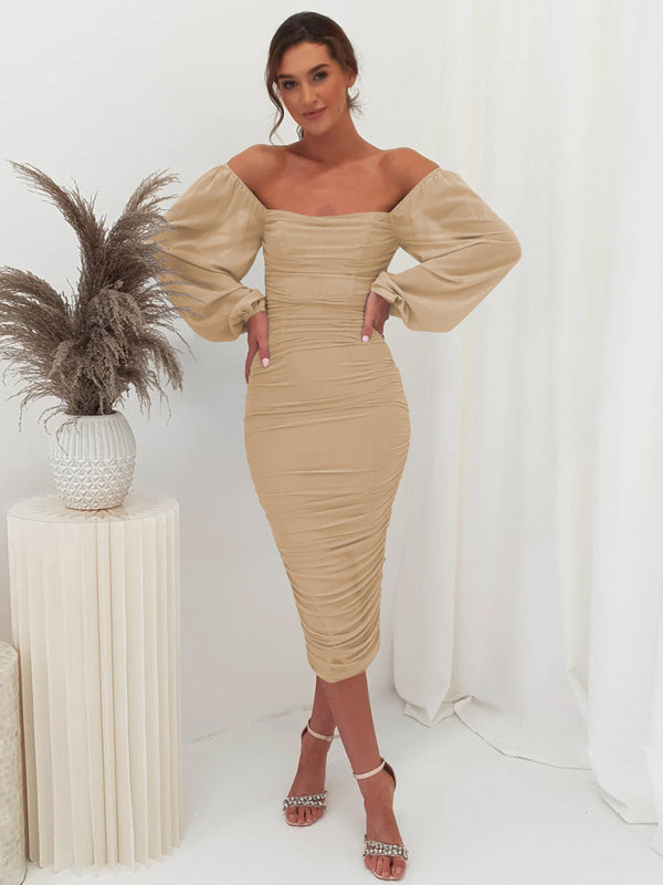 Bodycon Dresses- Elegant Solid Ruched Bodycon Lantern Sleeve Midi Dress- Cracker khaki- Pekosa Women Clothing