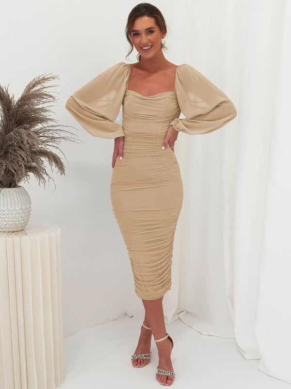 Bodycon Dresses- Elegant Solid Ruched Bodycon Lantern Sleeve Midi Dress- - Pekosa Women Clothing