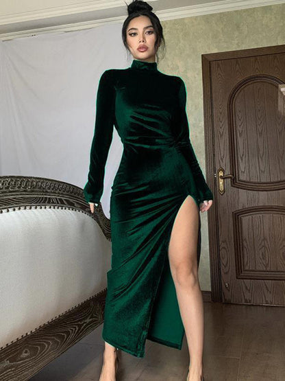 Bodycon Dresses- Elegant Velvet Mock Neck Split Thigh Bodycon Maxi Dress- Dark green- Pekosa Women Clothing