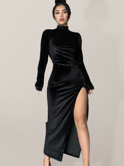 Bodycon Dresses- Elegant Velvet Mock Neck Split Thigh Bodycon Maxi Dress- Black- Pekosa Women Clothing