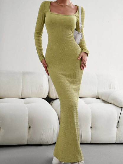 Bodycon Dresses- Knitted Mermaid Bodycon Maxi Dress with Long Sleeves, Square Neck- Grass green- Pekosa Women Clothing