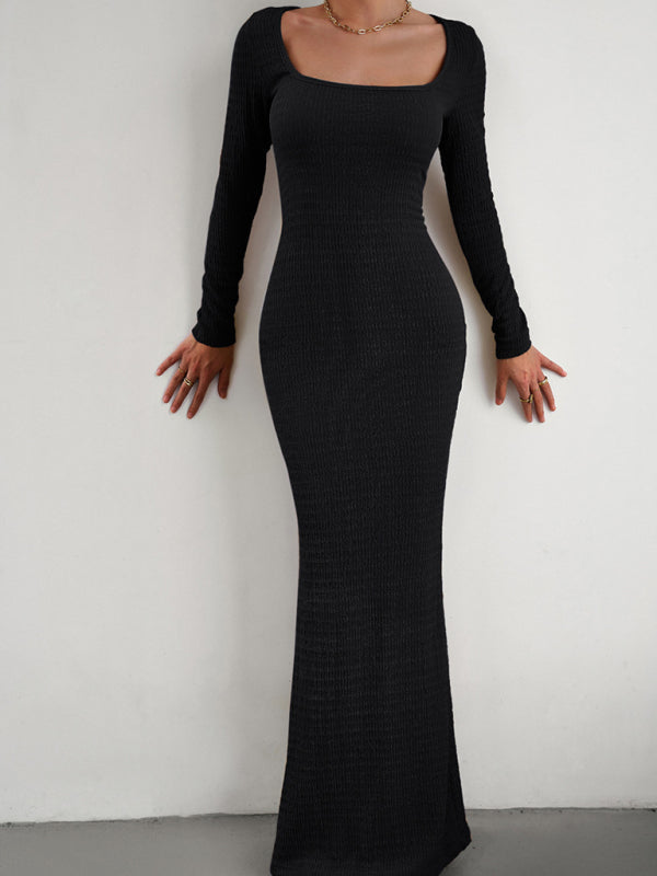 Bodycon Dresses- Knitted Mermaid Bodycon Maxi Dress with Long Sleeves, Square Neck- - Pekosa Women Clothing