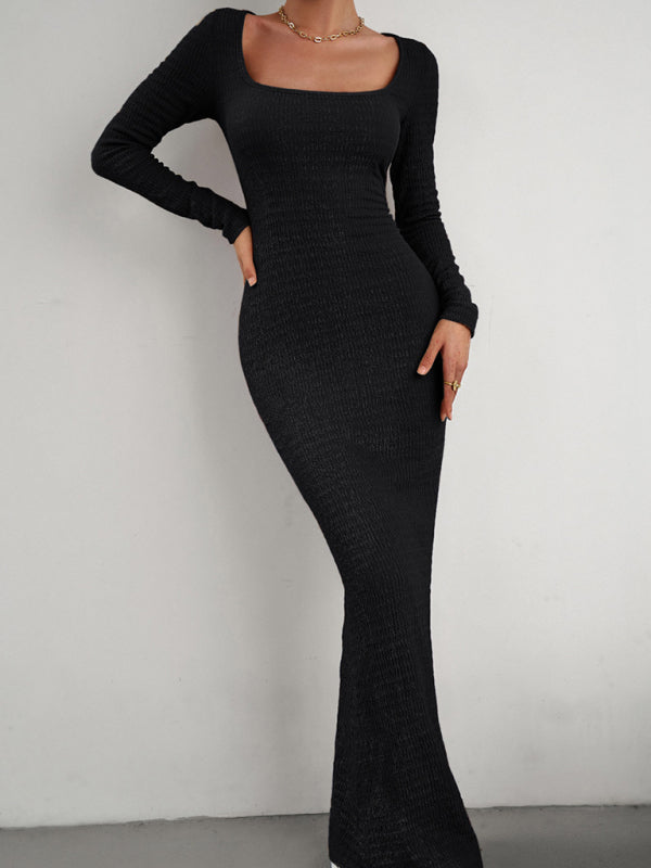 Bodycon Dresses- Knitted Mermaid Bodycon Maxi Dress with Long Sleeves, Square Neck- - Pekosa Women Clothing