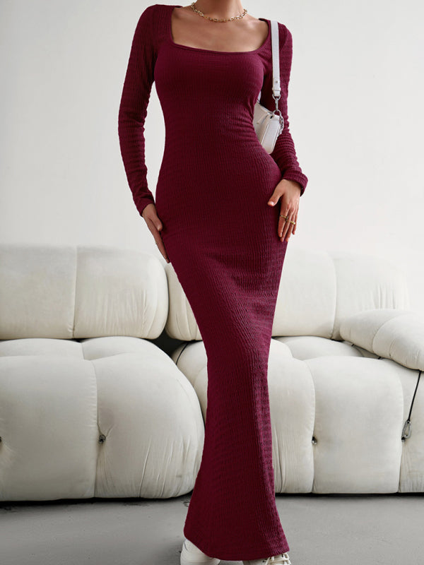 Bodycon Dresses- Knitted Mermaid Bodycon Maxi Dress with Long Sleeves, Square Neck- - Pekosa Women Clothing