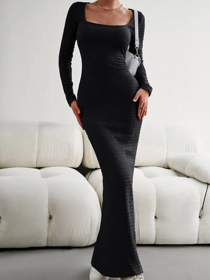 Bodycon Dresses- Knitted Mermaid Bodycon Maxi Dress with Long Sleeves, Square Neck- Black- Pekosa Women Clothing