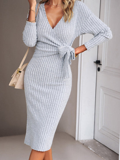 Bodycon Dresses- Ribbed Bodycon Surplice Bowknot Long Sleeve Midi Dress- - Pekosa Women Clothing