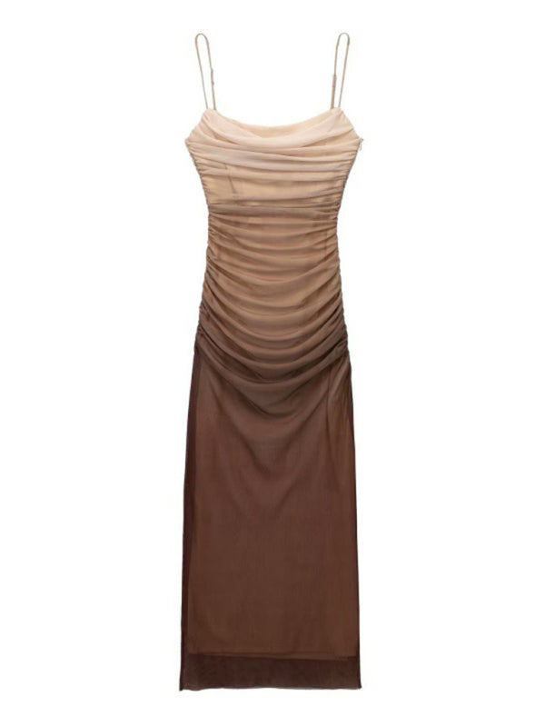 Bodycon Dresses- Ruched Cowl Cami Midi Dress in Gradient Ombre- Coffee- Pekosa Women Fashion