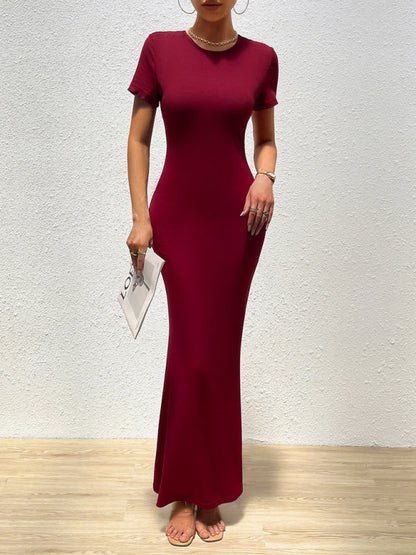 Bodycon Dresses- Solid Bodycon Maxi Dress with Short Sleeves- Wine Red- Pekosa Women Fashion