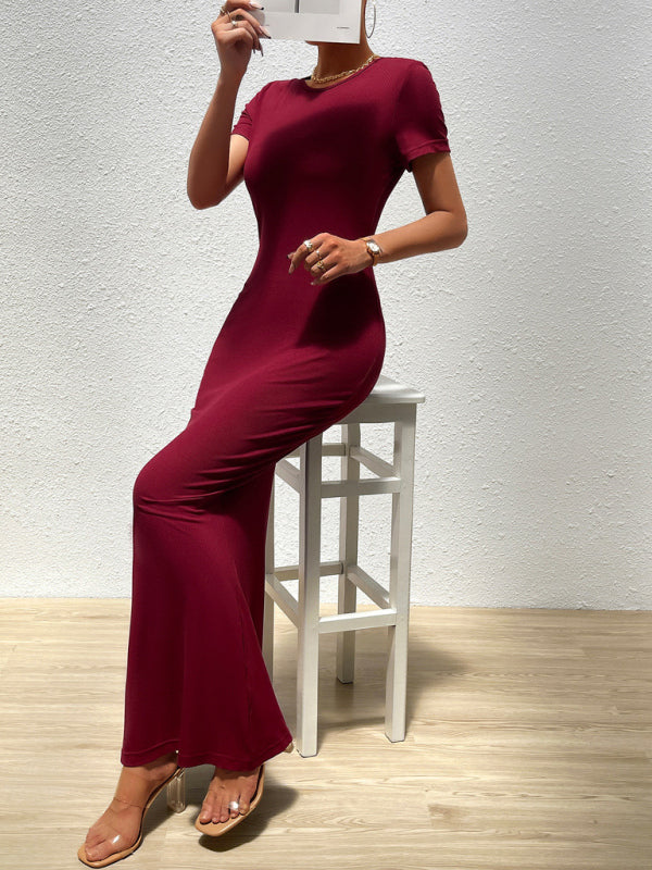 Bodycon Dresses- Solid Bodycon Maxi Dress with Short Sleeves- - Pekosa Women Fashion