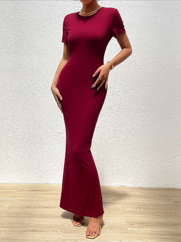 Bodycon Dresses- Solid Bodycon Maxi Dress with Short Sleeves- - Pekosa Women Fashion