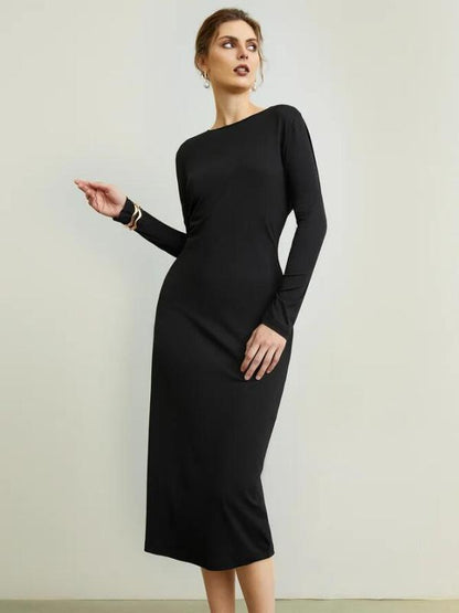 Bodycon Dresses- Solid Long Sleeve Easy Fit Business Casual Bodycon Midi Dress- Black- Pekosa Women Clothing