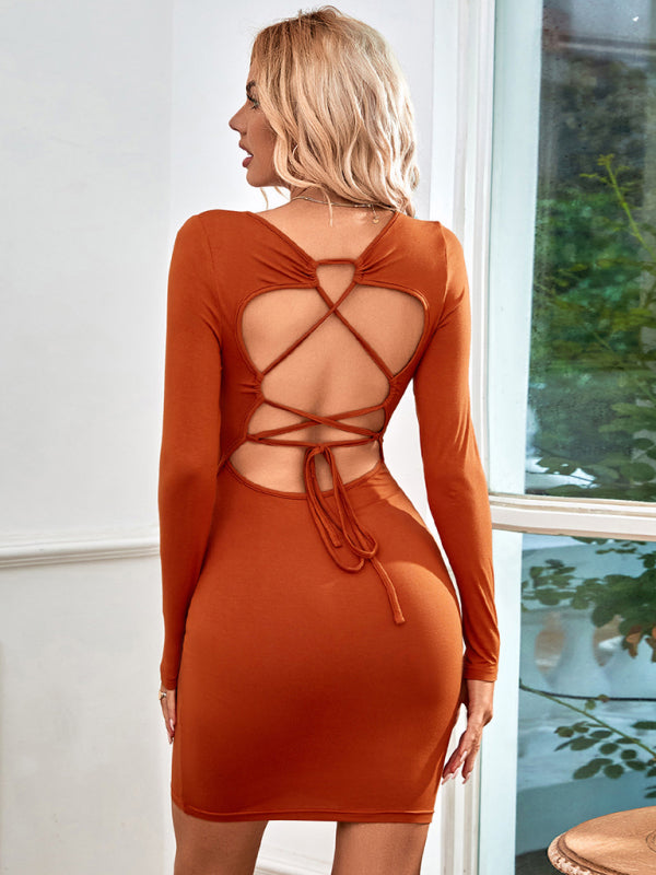 Bodycon Dresses- Solid Square Neck Backless Bodycon Dress with Long Sleeves- - Pekosa Women Fashion