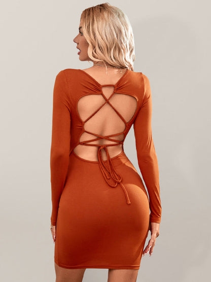 Bodycon Dresses- Solid Square Neck Backless Bodycon Dress with Long Sleeves- caramel- Pekosa Women Fashion