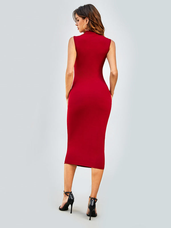 Bodycon Dresses- Solid Tight Body-Hugging Sleeveless Midi Dress- - Pekosa Women Clothing