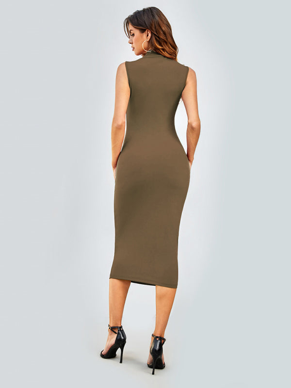 Bodycon Dresses- Solid Tight Body-Hugging Sleeveless Midi Dress- - Pekosa Women Clothing