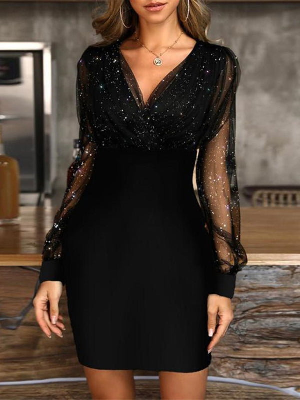 Bodycon Dresses- Sparkle Body-Hugging Surplice V-Neck Mini Dress- Black- Pekosa Women Clothing