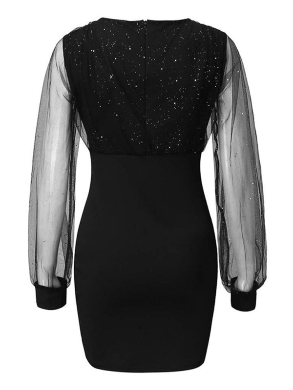 Bodycon Dresses- Sparkle Body-Hugging Surplice V-Neck Mini Dress- - Pekosa Women Clothing