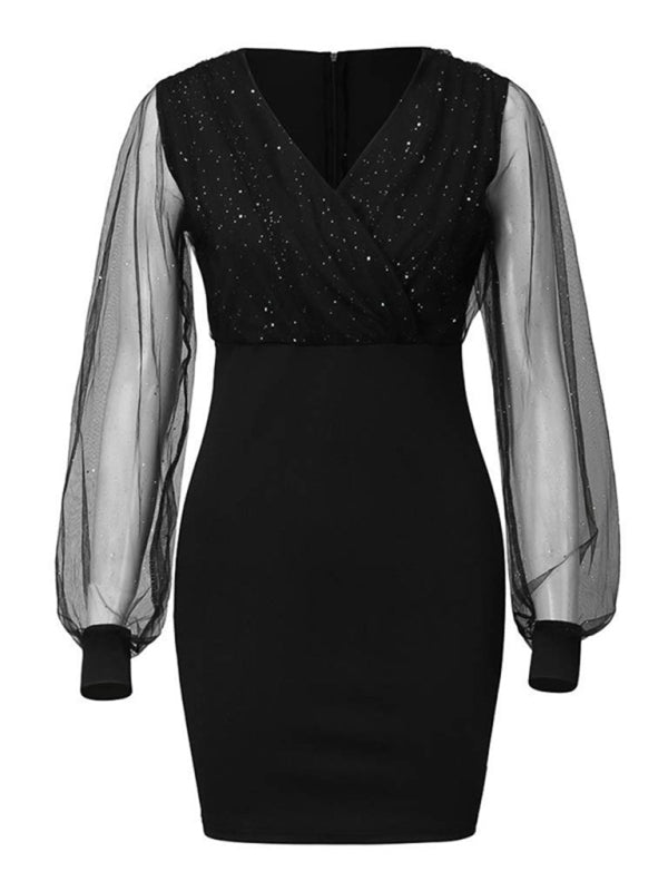 Bodycon Dresses- Sparkle Body-Hugging Surplice V-Neck Mini Dress- - Pekosa Women Clothing