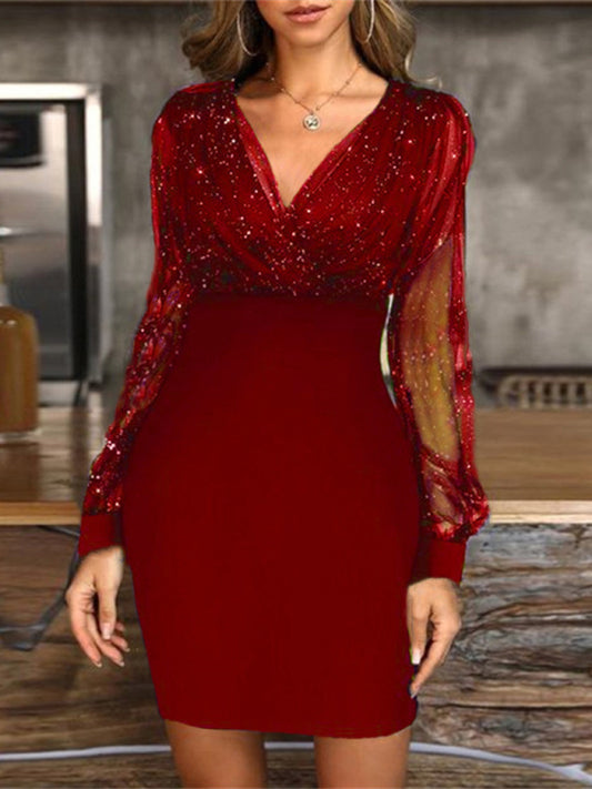 Bodycon Dresses- Sparkle Body-Hugging Surplice V-Neck Mini Dress- Red- Pekosa Women Clothing