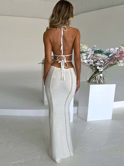 Bodycon Dresses- Summer Backless Bodycon Halter Cutout Open Knit Maxi Dress- - Pekosa Women Clothing