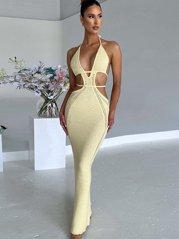 Bodycon Dresses- Summer Backless Bodycon Halter Cutout Open Knit Maxi Dress- - Pekosa Women Clothing