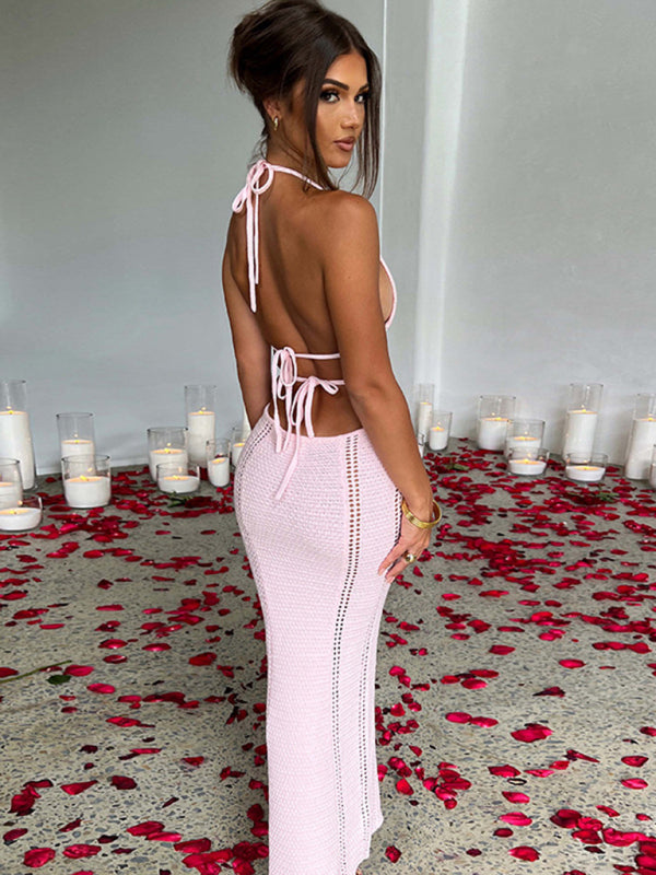 Bodycon Dresses- Summer Backless Bodycon Halter Cutout Open Knit Maxi Dress- - Pekosa Women Clothing