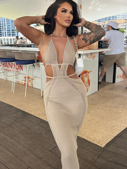 Bodycon Dresses- Summer Backless Bodycon Halter Cutout Open Knit Maxi Dress- - Pekosa Women Clothing