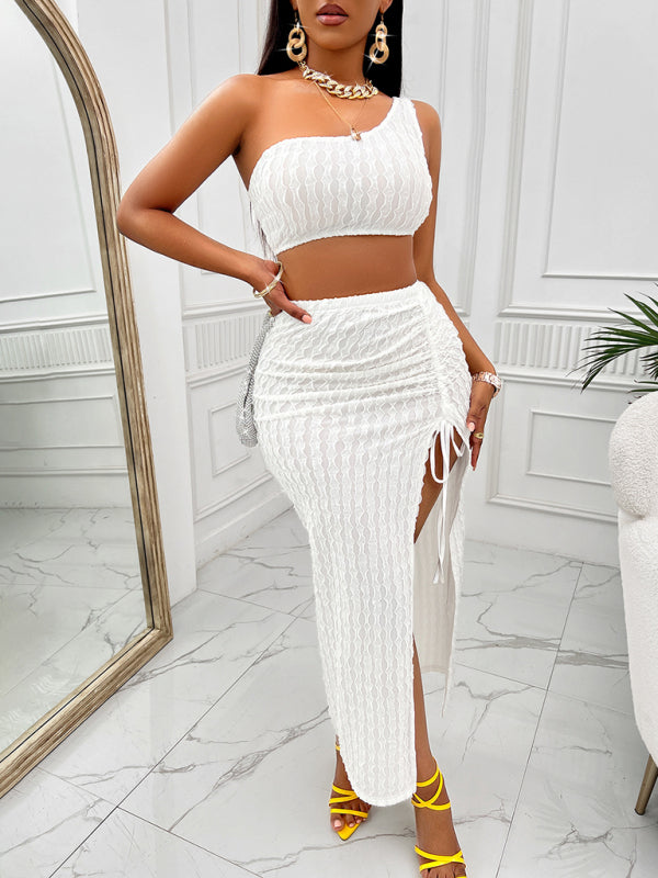 Bodycon Outfits- Women's Textured Bodycon 2-Piece | One Shoulder Crop Top and Slit Maxi Skirt- - Pekosa Women Clothing