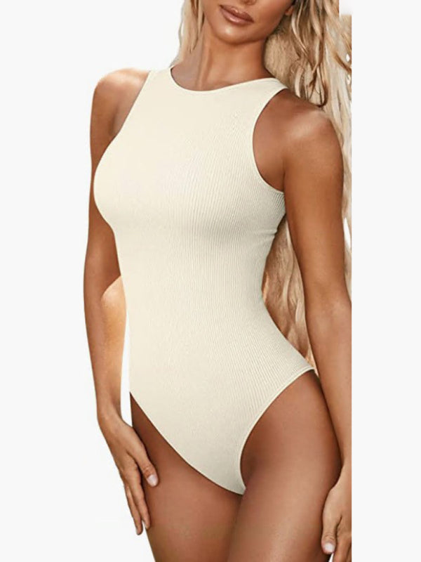 Bodysuits- Contoured Fitted Textured Crew Neck Tank Bodysuit Top- Cream- Pekosa Women Clothing