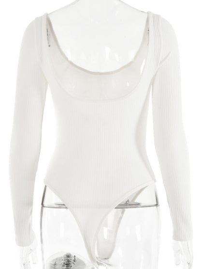 Bodysuits- Long Sleeve Bodysuit in Solid Ribbed- - Pekosa Women Clothing