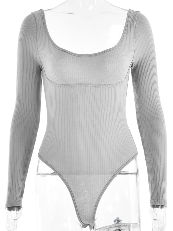 Bodysuits- Long Sleeve Bodysuit in Solid Ribbed- - Pekosa Women Clothing