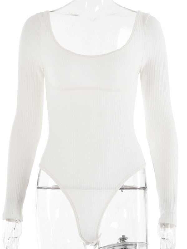 Bodysuits- Long Sleeve Bodysuit in Solid Ribbed- - Pekosa Women Clothing