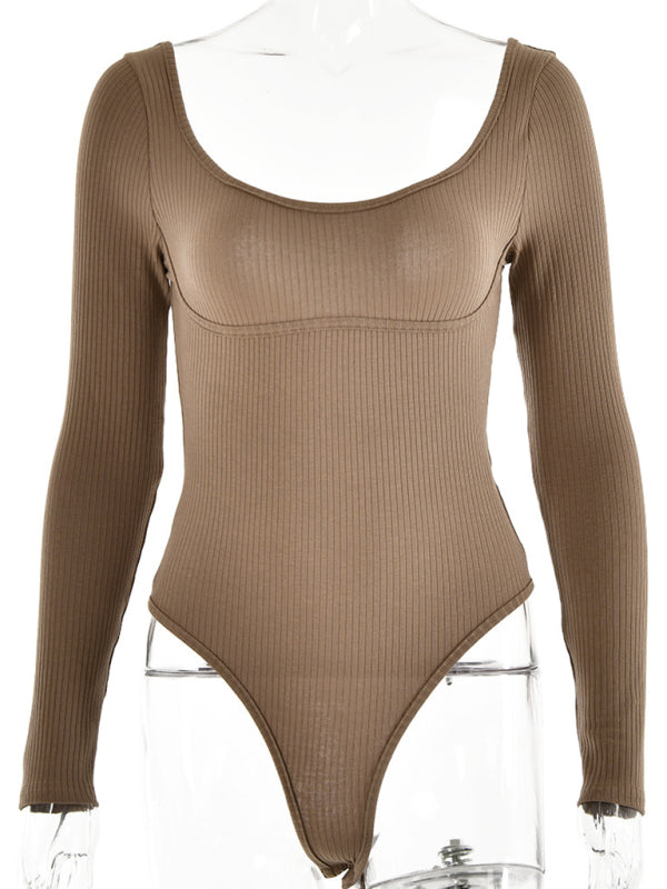 Bodysuits- Long Sleeve Bodysuit in Solid Ribbed- - Pekosa Women Clothing