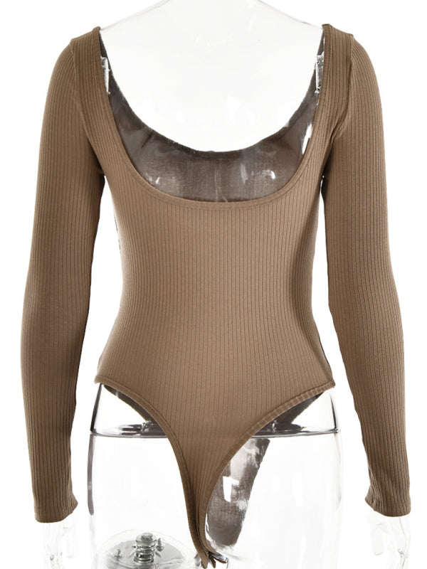 Bodysuits- Long Sleeve Bodysuit in Solid Ribbed- - Pekosa Women Clothing