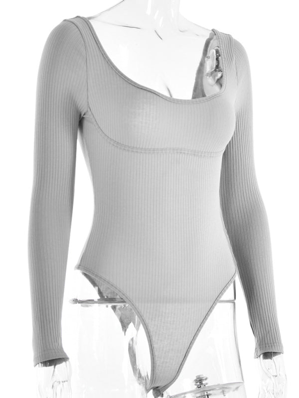 Bodysuits- Long Sleeve Bodysuit in Solid Ribbed- - Pekosa Women Clothing