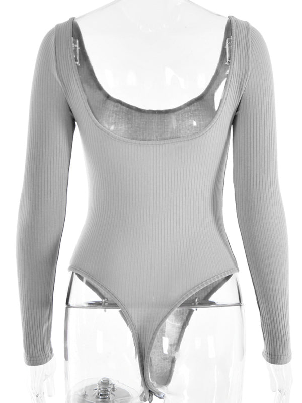 Bodysuits- Long Sleeve Bodysuit in Solid Ribbed- - Pekosa Women Clothing