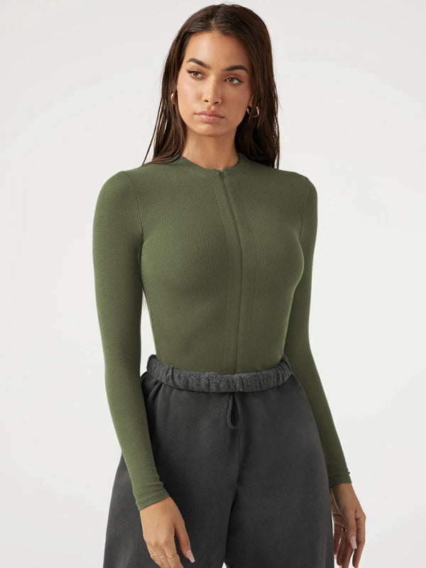 Bodysuits- Long Sleeve Zip-Up Bodysuit in Solid Hues- Green- Pekosa Women Clothing