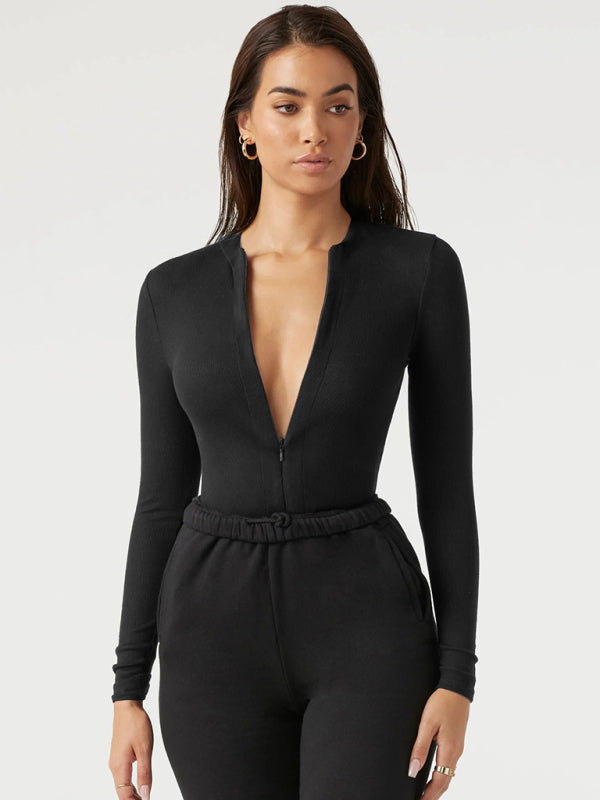 Bodysuits- Long Sleeve Zip-Up Bodysuit in Solid Hues- - Pekosa Women Clothing