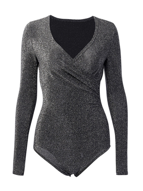 Bodysuits- Nighttime Elegance Sparkly Surplice V-Neck Bodysuit with Long Sleeve- - Pekosa Women Clothing