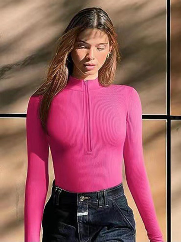 Bodysuits- Ribbed Fitted Bodysuit with Long Sleeves and Half Zip-Up- Rose- Pekosa Women Clothing