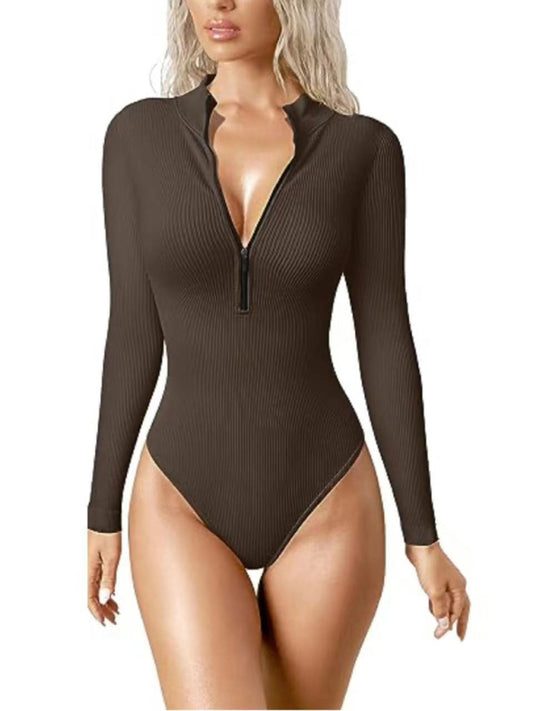 Bodysuits- Ribbed Fitted Bodysuit with Long Sleeves and Half Zip-Up- Brown- Pekosa Women Clothing